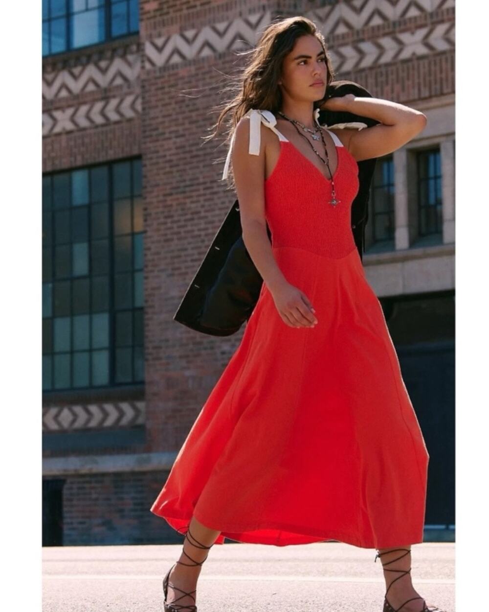 Free People Cecelia Smocked Cotton Solid Midi Dress Mandarin Red Size Large NWT